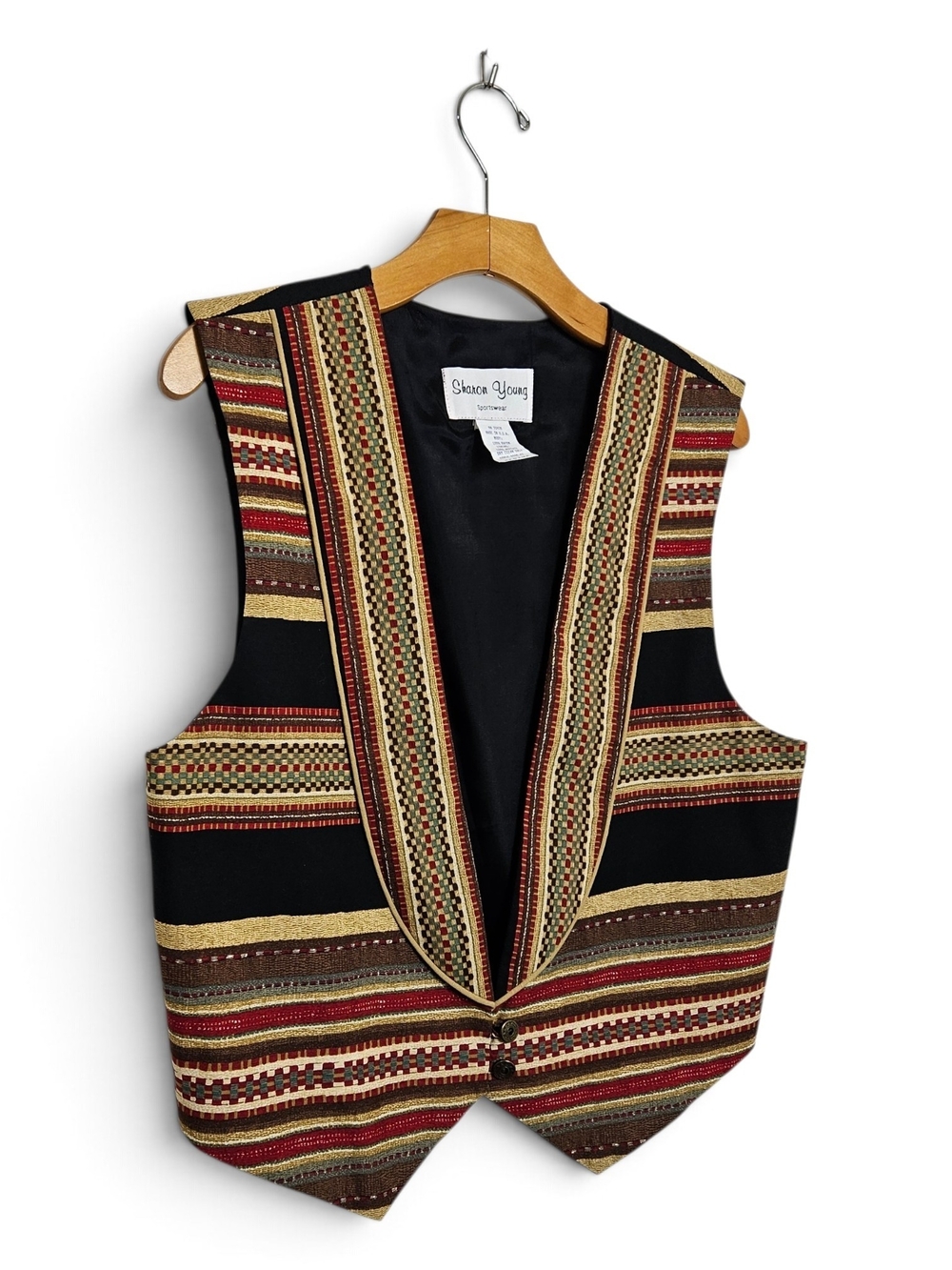 Vintage Sharon Young Vest M Southwestern Tapestry Metallic Western Boho Black US